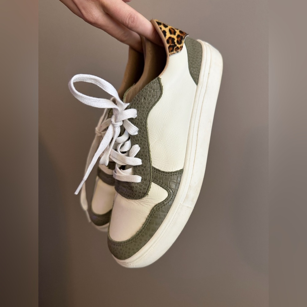Kaanas Baru Genuine calf hair White and Olive Sneakers with Leopard Accent